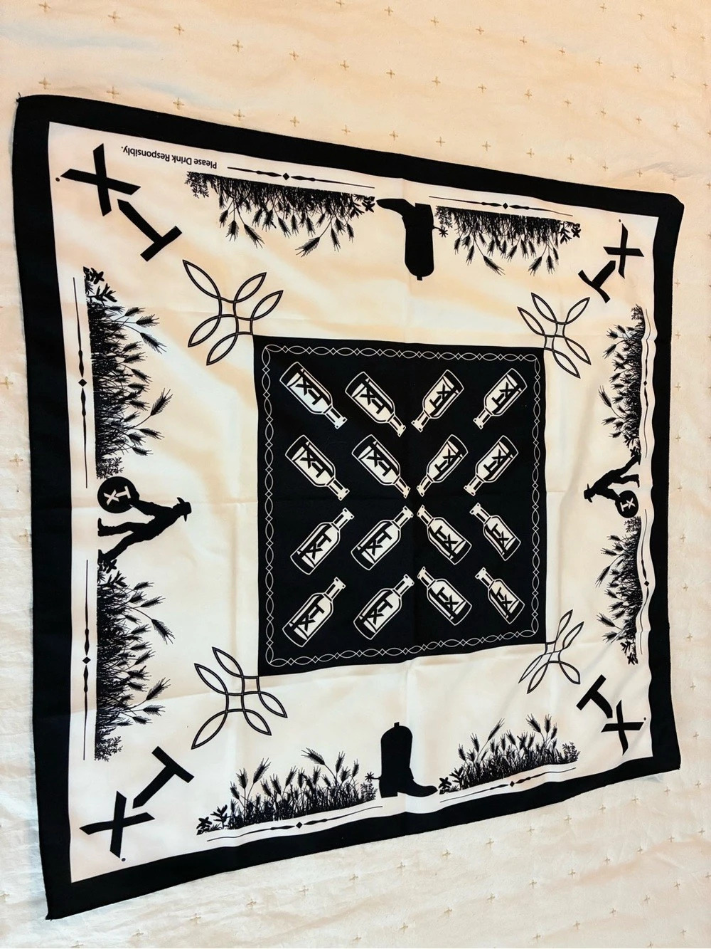 TX Whiskey Black and White Bandana with Bottle Design